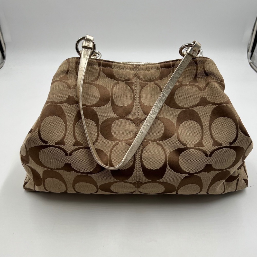 Coach Signature Mia Tote Khaki Brown Metallic Leather Trim F14863 Mens Womens - Picture 3 of 14